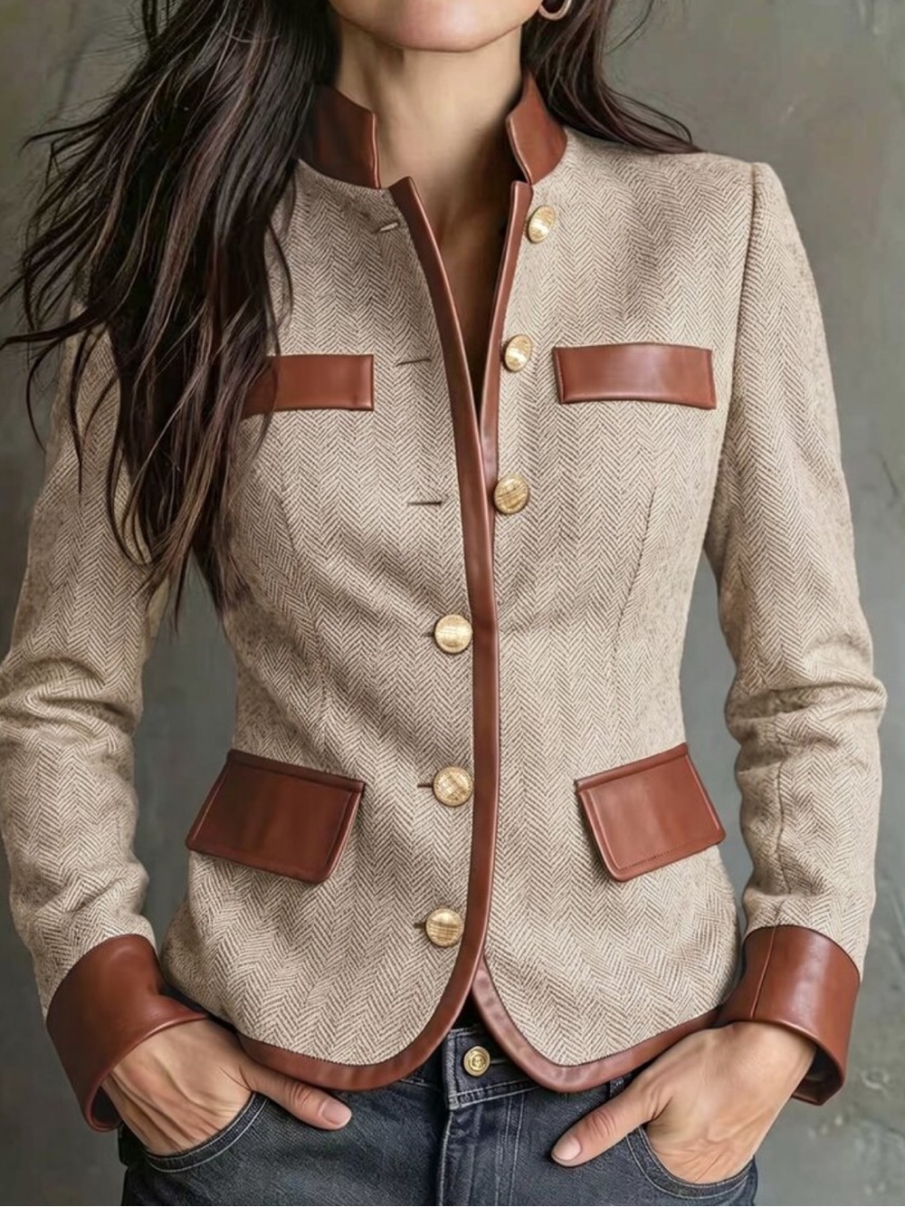 Women's Vintage Commuter Jacket With Herringbone Wool, Stand Collar
